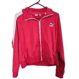 Puma Womens Red Full Zip Track Jacket White Stripe Mock Neck Large Sportswear